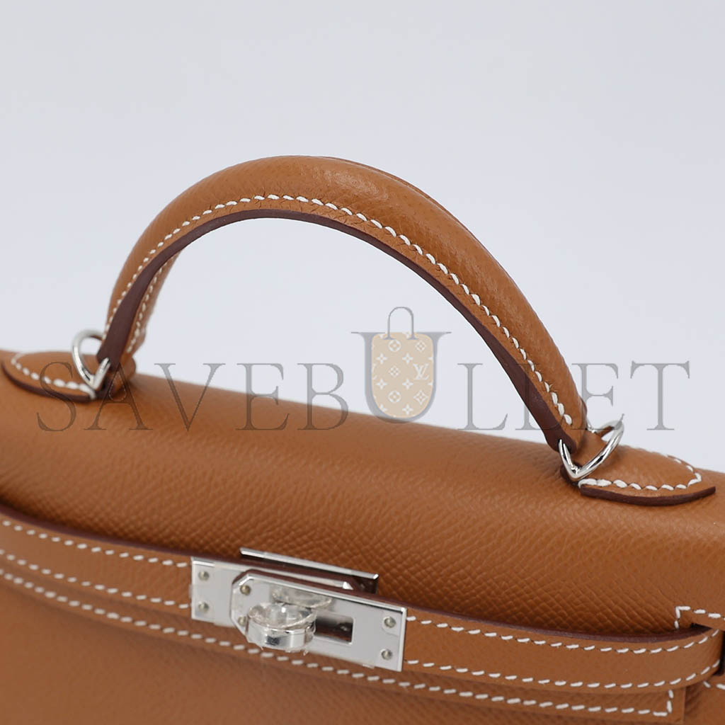 HERMÈS MINI KELLY SECOND GENERATION GOLDEN BROWN EPSOM SILVER BUCKLE (19*12*5.5cm)